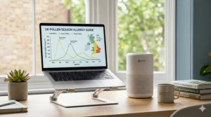 A UK pollen season allergy guide chart displayed on a laptop screen next to a small white air purifier on a light oak desk.