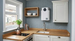 A space-saving wall-mounted air purifier installed in a compact terraced house kitchen.