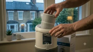 A photorealistic close-up photograph capturing the precise moment a clean filter is placed into a purifier base.