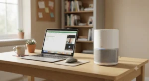 Affordable HEPA air purifier sitting neatly on a home office desk next to a laptop