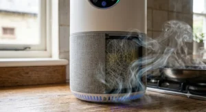 Close-up view of an air purifier filter capturing smoke particles in a kitchen environment without an extractor fan.