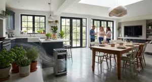 Air purifier designed to capture cooking grease and odours in a kitchen dining area.
