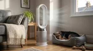 An air purifier for pet odours positioned next to a dog bed to target lingering pet smells at the source.