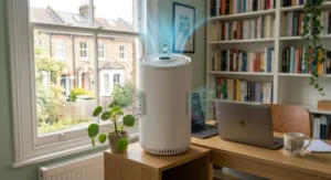 Graphic showing an air purifier neutralising volatile organic compounds in a UK home office environment.