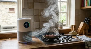 An air purifier on a kitchen counter helping to manage cooking fumes and grease in a home without kitchen extraction.