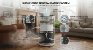 Diagram showing an air purifier neutralising stubborn cigarette smoke odour in a flat