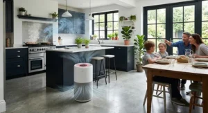 Air purifier operating in an open-plan kitchen diner to neutralise strong cooking smells.