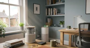 An effective air purifier capturing dust and pollutants in a busy home office, helping to create a healthier workspace.