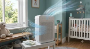 An air purifier helping to eliminate odours and refresh the air in a baby's nursery.