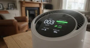 Digital air quality monitor on an air purifier for smoke odour showing clean air