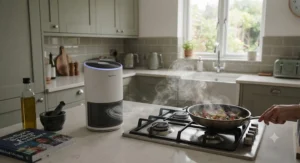 Modern air purifier for smoke odour helping to clear cooking fumes in a kitchen