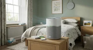 Portable air purifier placed on a bedside table in a British bedroom for allergy relief