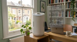 Benefits list displayed next to an air purifier, highlighting cleaner air and VOC filtration for remote workers.