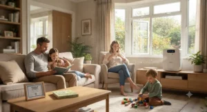 Family relaxing in a clean living room with a whole house air purifier reducing pollen for allergy sufferers