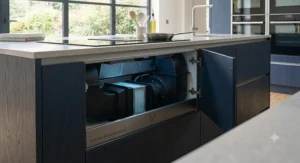 A custom bespoke ducted ventilation design hidden within cabinetry as a subtle cooker hood alternative.
