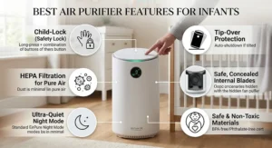 An infographic showing child-lock and safety features of an air purifier for newborn nurseries.