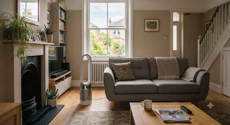 A sleek air purifier operating quietly in a modern British living room of a three-bedroom house.