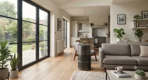 Powerful air purifier operating in a large open-plan lounge area to improve indoor air quality.