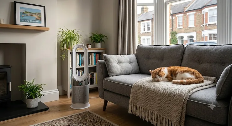 A sleek air purifier for pet odours placed in a modern British living room with a cat resting nearby.