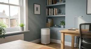 A small, space-saving air purifier positioned in the corner of a bright, organised home office space in a typical British home.