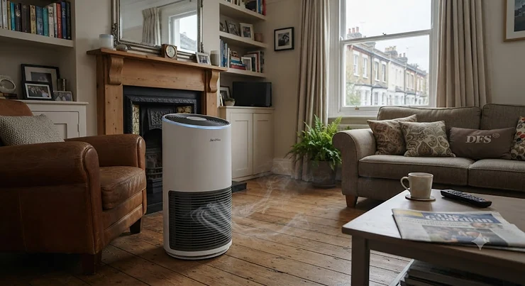 A sleek air purifier designed to remove smoke odour from a British living room