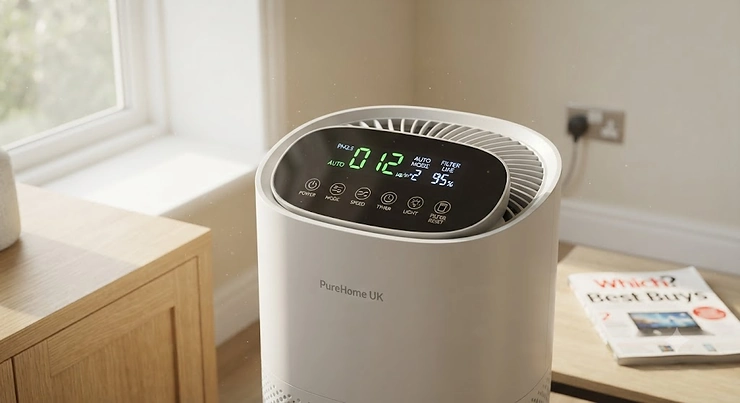 Best budget HEPA air purifier showcasing its sleek digital display and control panel. HEPA air purifier under £150
