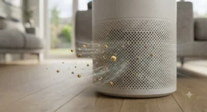 Close-up of a HEPA air purifier for large room environments capturing household dust and pollen.