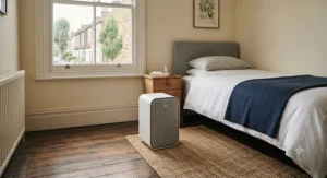 A portable, quiet HEPA air purifier for bedroom spaces placed neatly on a wooden floor in a London terraced house.