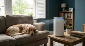 A small desk air purifier shown in a room environment, helping to reduce pet dander and common airborne irritants.