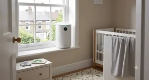 A compact, space-saving air purifier designed for small British bedrooms to maintain safe air quality for newborns.