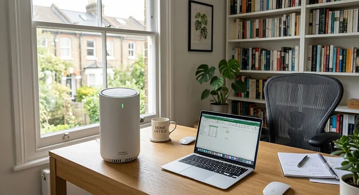A compact air purifier placed on a desk in a modern home office to help remove VOCs. air purifier for VOCs home office