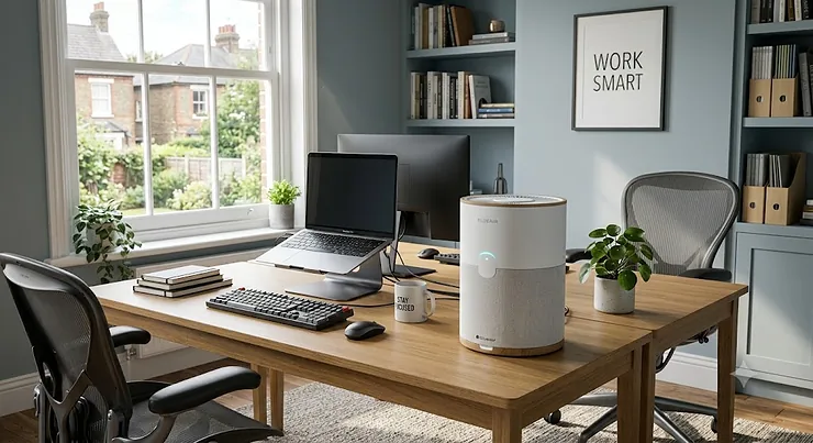 A compact air purifier placed on a tidy desk in a stylish home office setup, filtering air for a comfortable working environment.