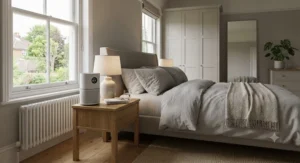 Compact HEPA air purifier placed on a bedside table in a spacious master bedroom.