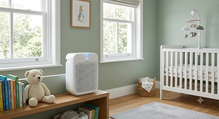 A compact, quiet air purifier designed specifically for a modern British nursery.