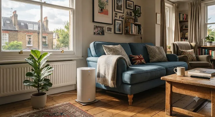 A sleek, compact air purifier for odours positioned in a cosy British flat living room to freshen the air.