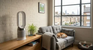 A compact air purifier for pet odours suitable for a small urban flat, keeping the air fresh.