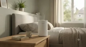 A compact, quiet air purifier for smoke odour placed in a bedroom