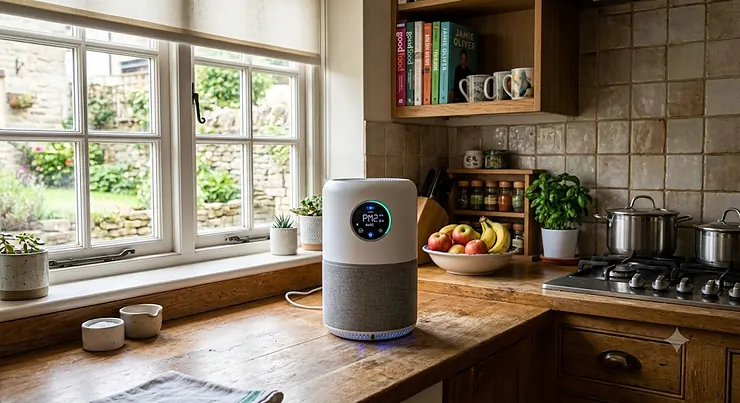 A compact air purifier sitting on a kitchen worktop, effectively cleaning the air in a space without an extraction hood.