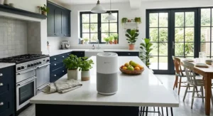 Compact air purifier sitting on a kitchen island in a UK home to help reduce cooking odours.