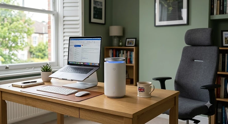 A sleek, compact desk air purifier placed on a tidy office desk in a modern UK home office setup.