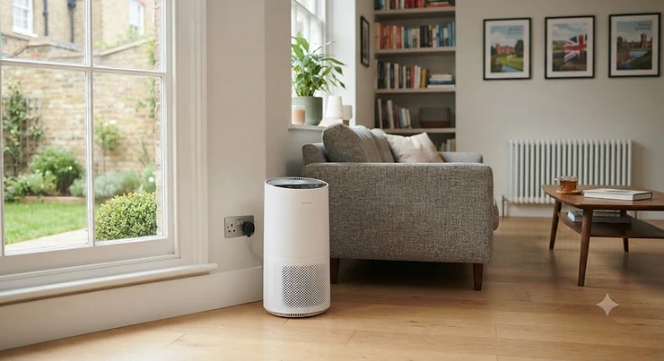 A compact HEPA air purifier plugged in a modern British living room to improve indoor air quality.