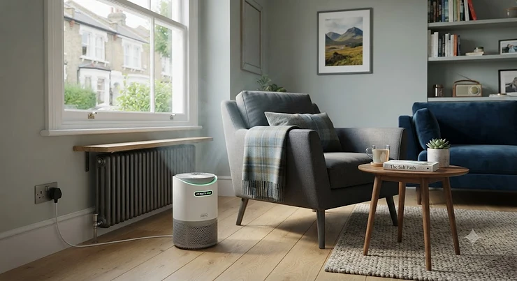 A compact portable air purifier operating in a modern British living room