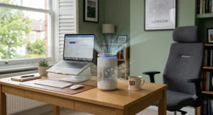 A desk air purifier working to improve indoor air quality by removing pollutants in a small study.
