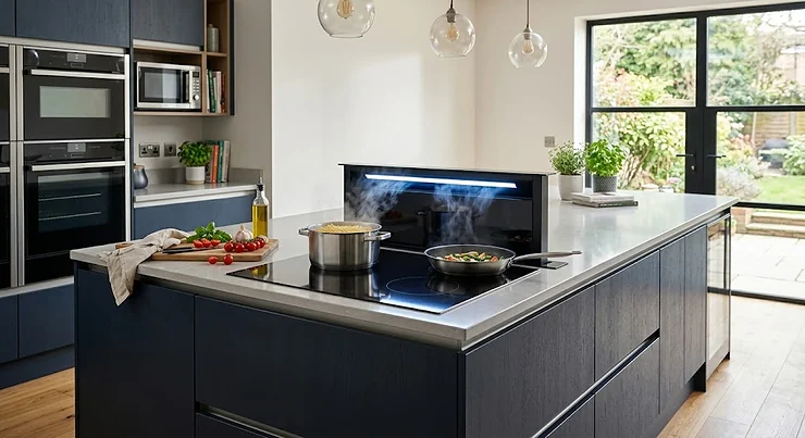 A modern kitchen island featuring an integrated downdraft extractor hob as a sleek cooker hood alternative.
