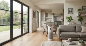 An effective air purifier removing pollutants from a large, open-plan living area.