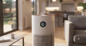 Energy-efficient air purifier helping to maintain clean air in a bright, airy open-plan home.