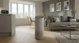 An energy-saving HEPA air purifier for large room areas running economically in a British home.
