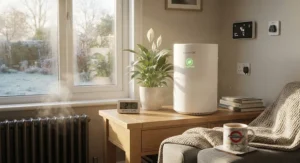 Energy efficient HEPA air purifier helping to improve indoor air quality during winter