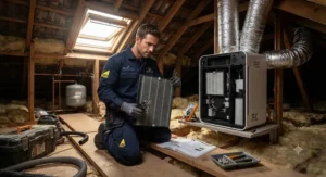 Heating engineer checking and servicing a whole house air purifier in a UK loft space