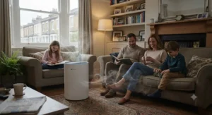 A family in their UK home benefitting from an air purifier for smoke odour
